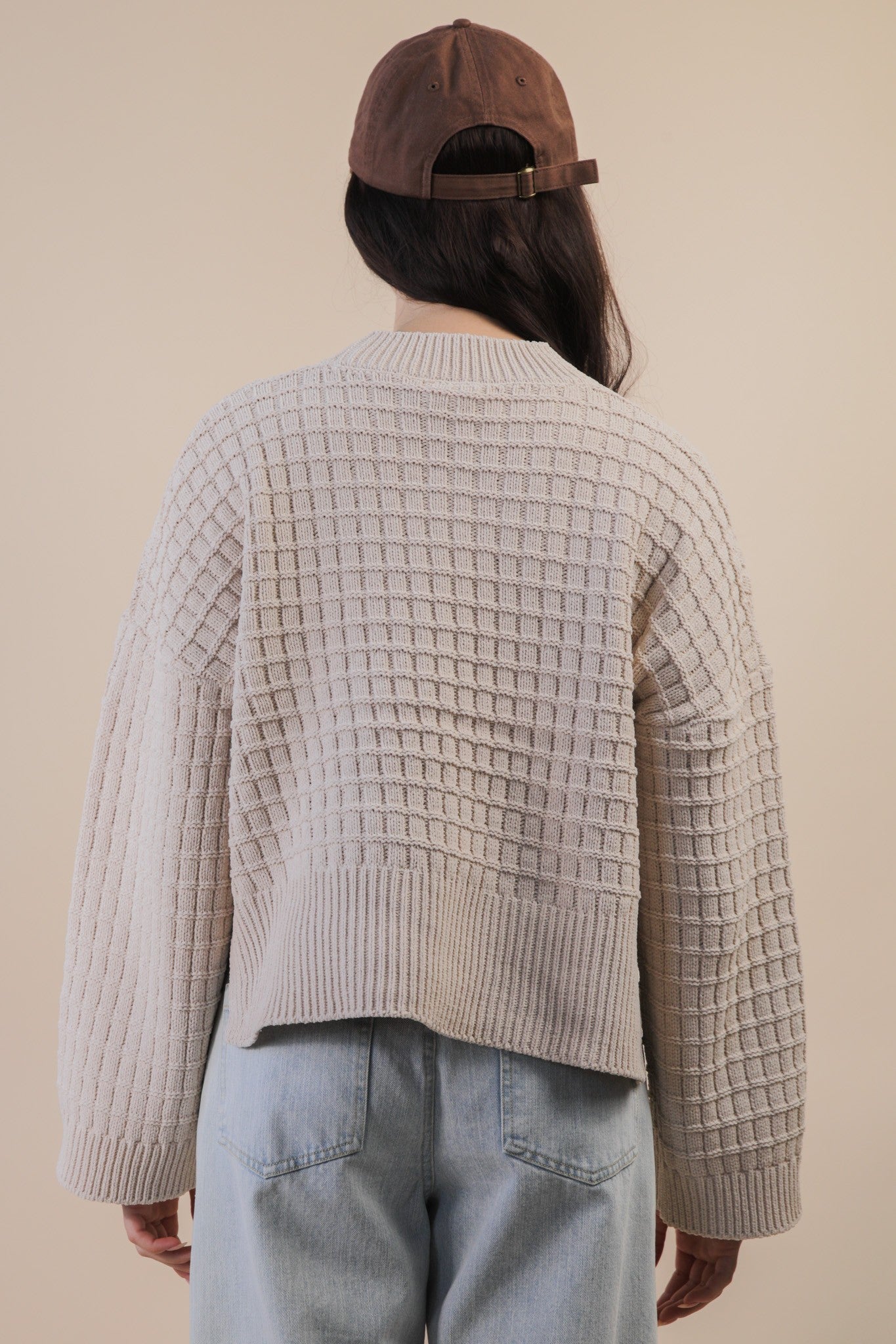 Oversized Textured Solid Casual Knit Sweater Top-Beige