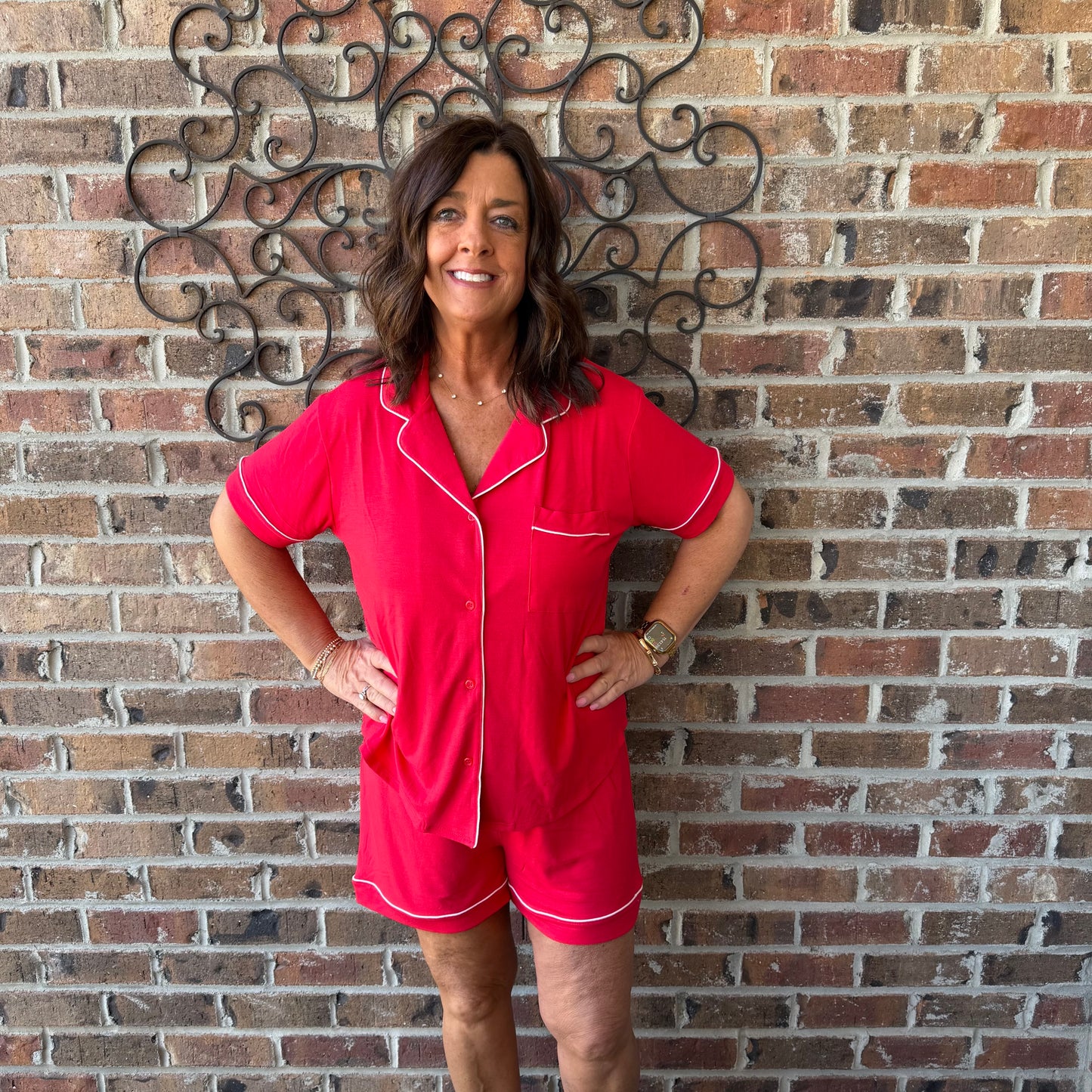 Red Two Piece Pajamas Shorts Set