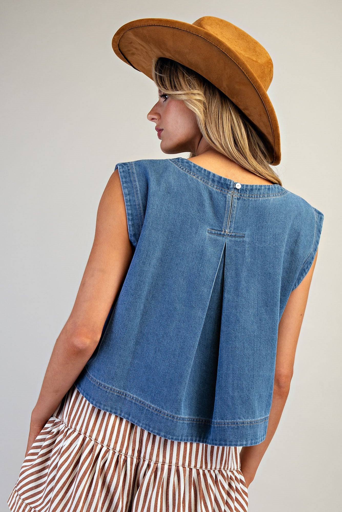 Denim Top Round Neck Cropped Cap Sleeve