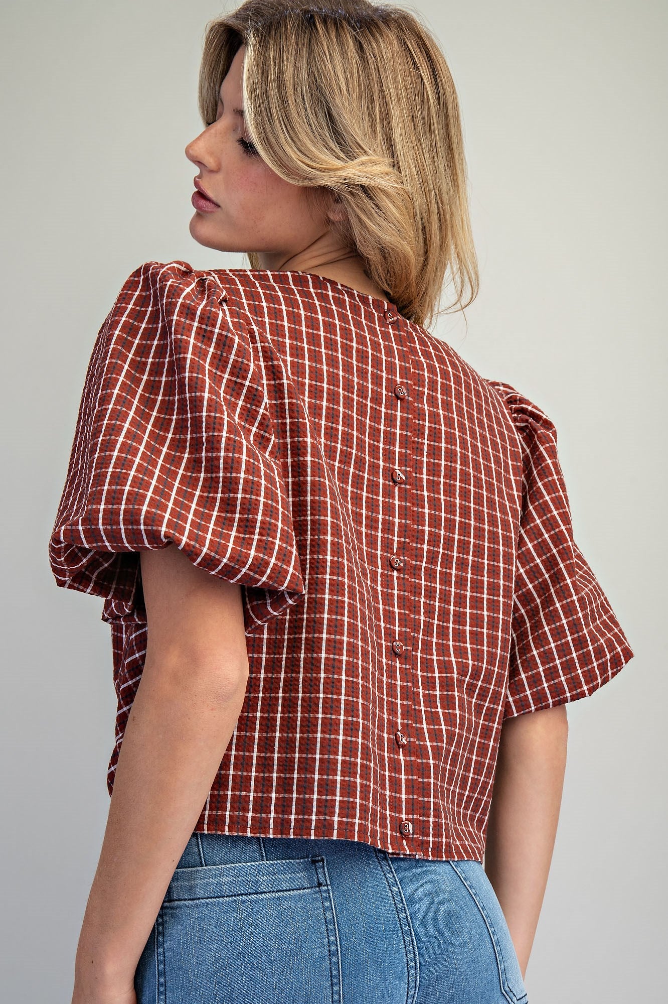 Plaid Tie Front Button Back Blouse in Vintage Red