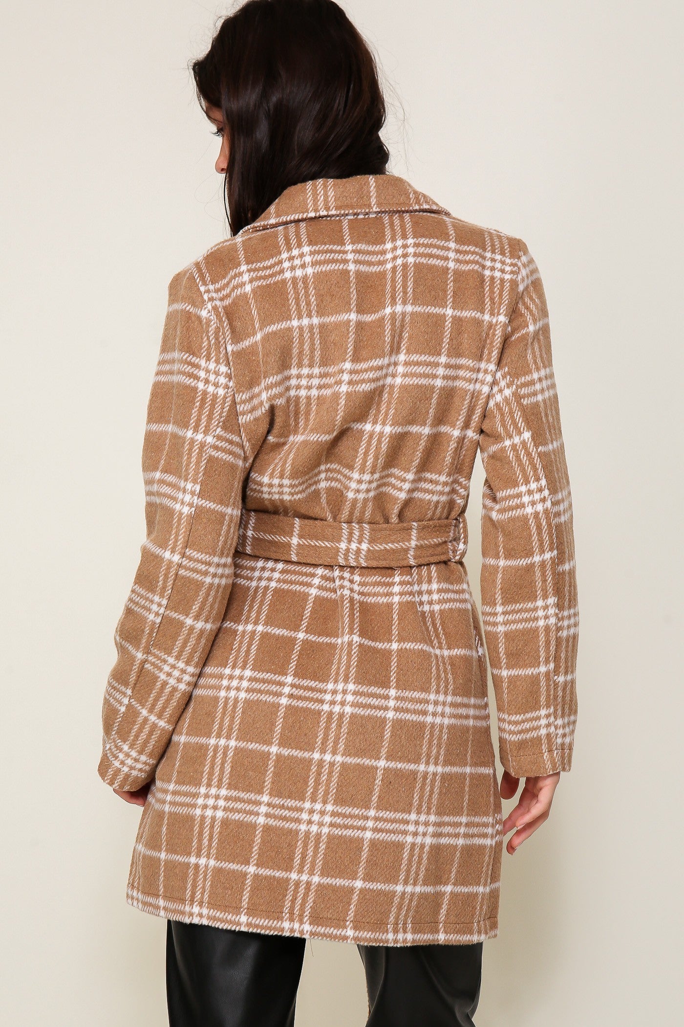 Camel/White Plaid Open Front Coat