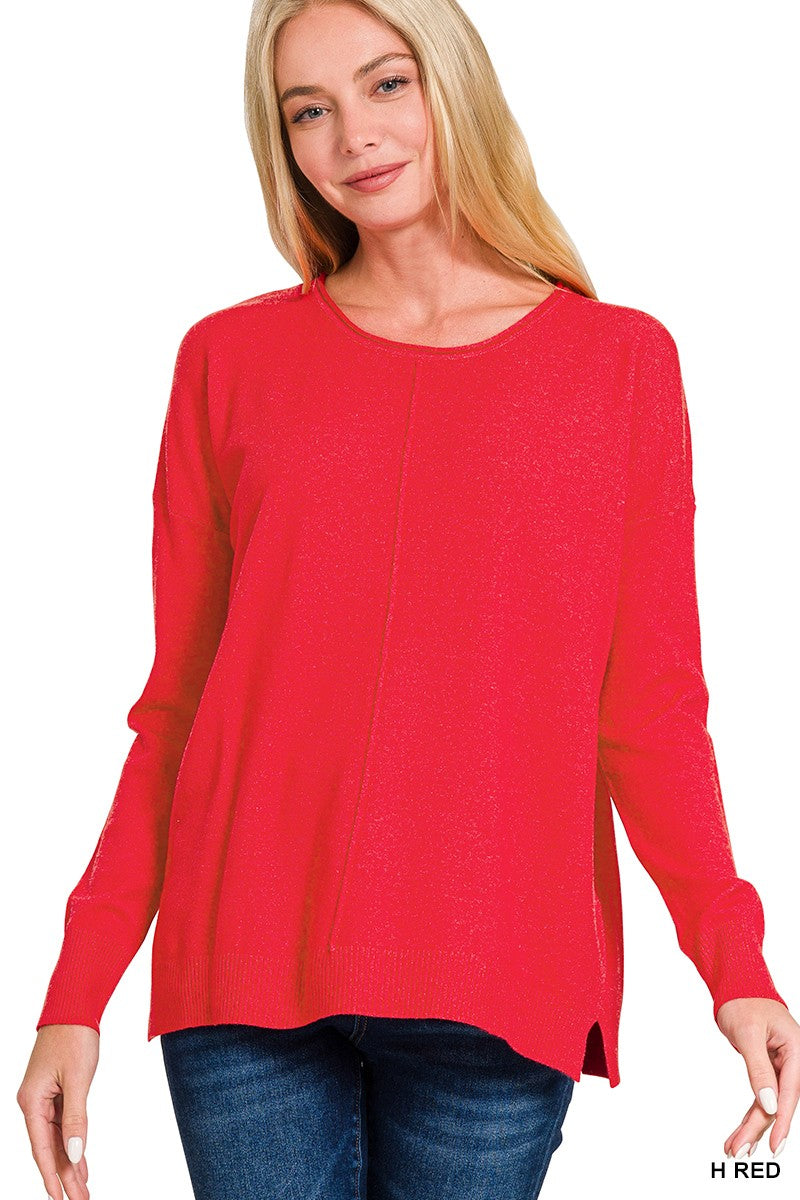 Red Front Seam Round Neck Sweater