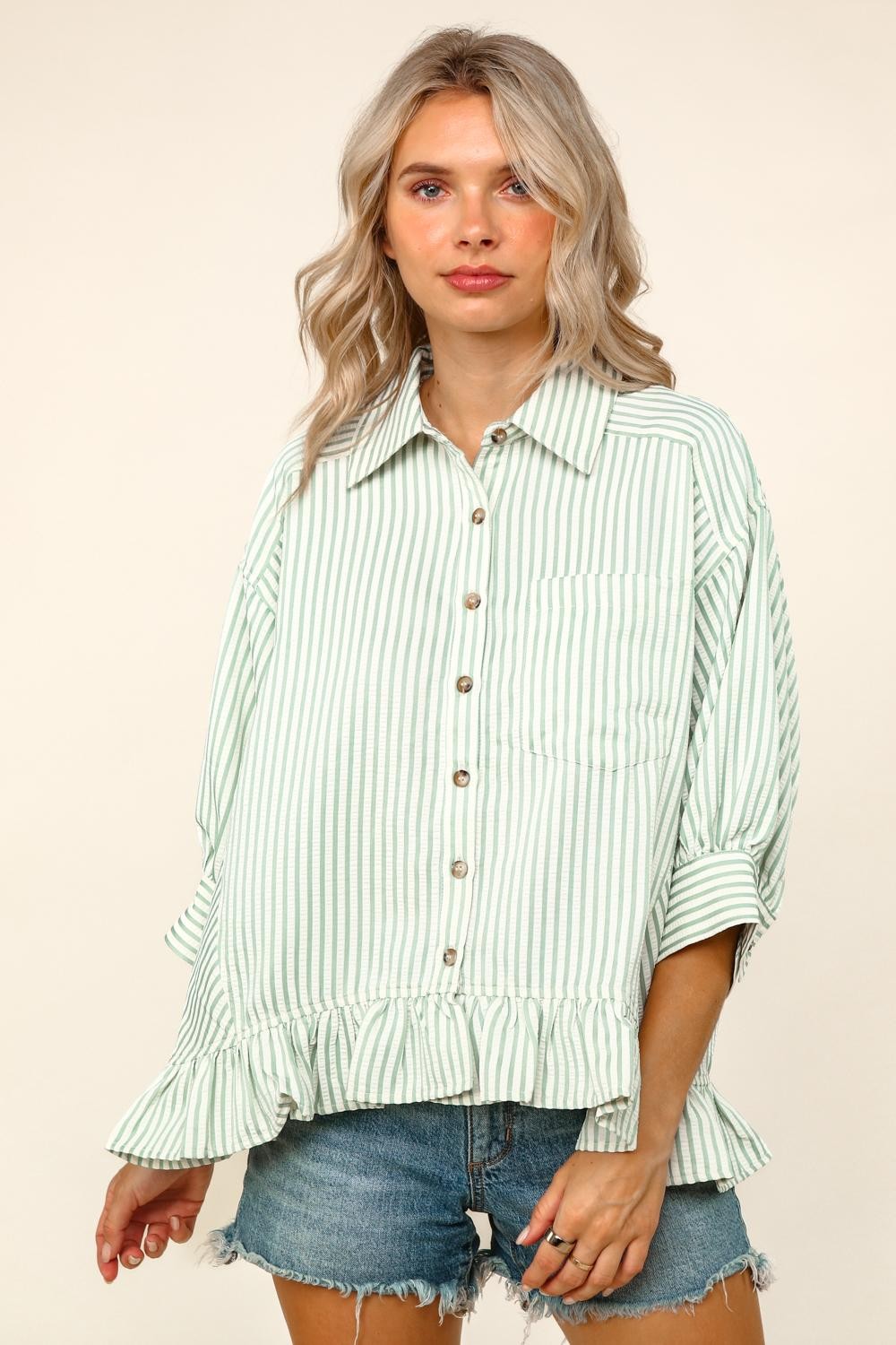Collared Button Down Shirt with ruffle Sage