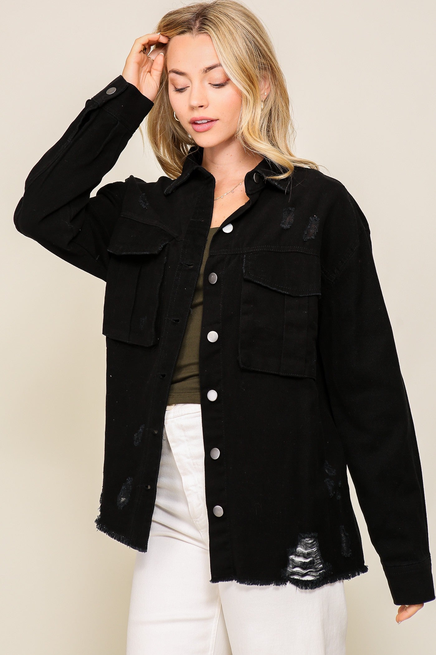 Black LS Distressed Button Down Jacket