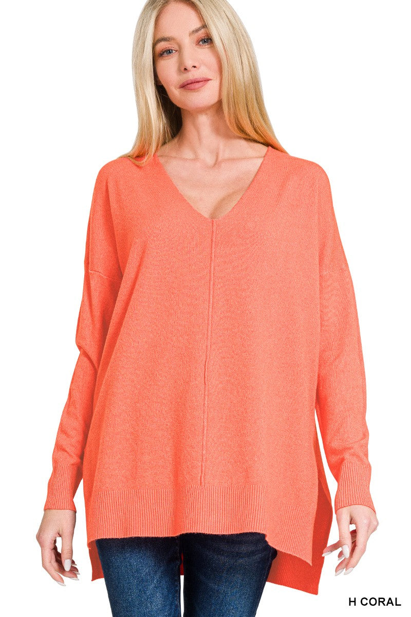 Coral HI-LOW HEM V-NECK CENTER SEAM SWEATER