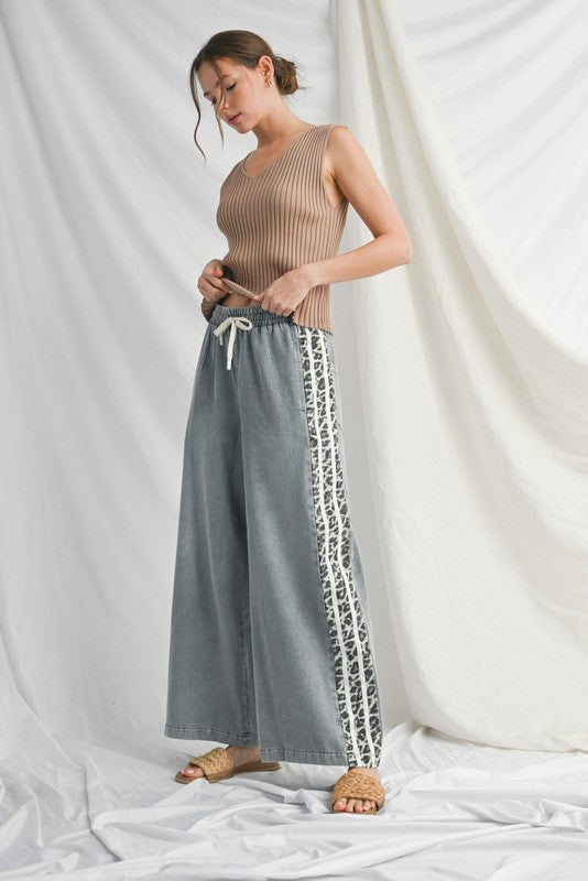 Animal Print & Denim Wide Leg Pants