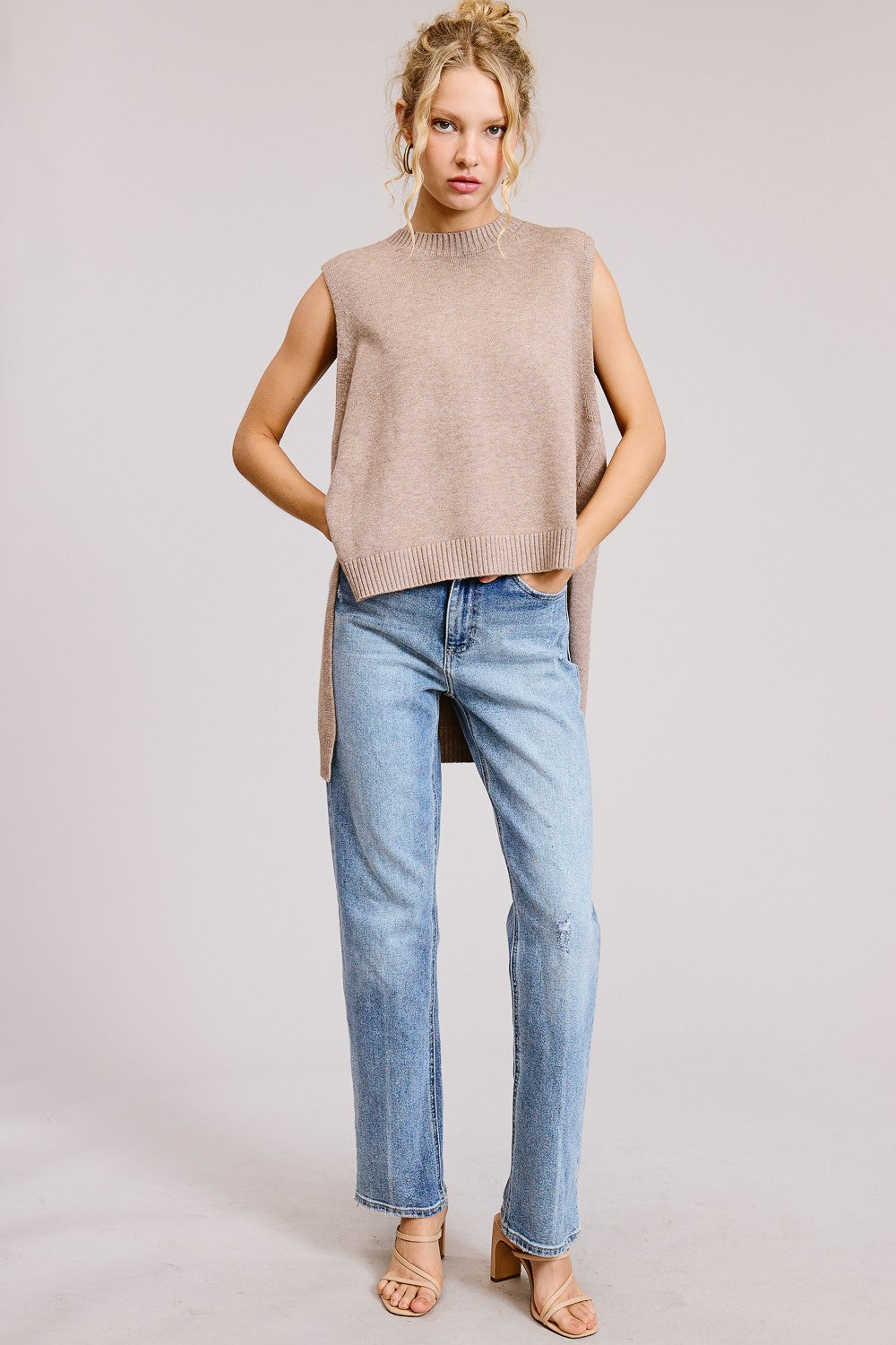 Beige Sleeveless Mock Neck Hi Lo Sweater