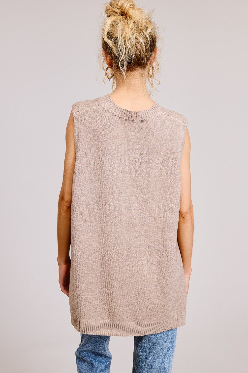 Beige Sleeveless Mock Neck Hi Lo Sweater