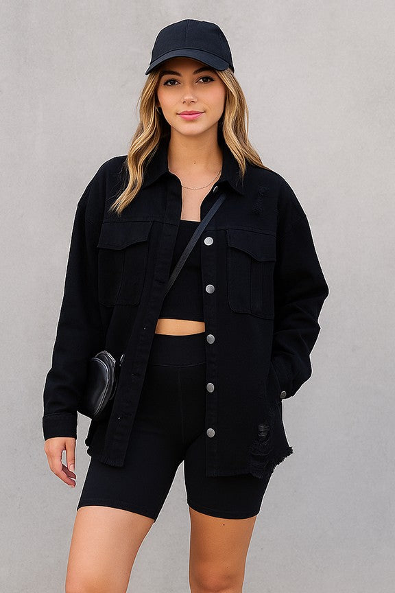 Black LS Distressed Button Down Jacket