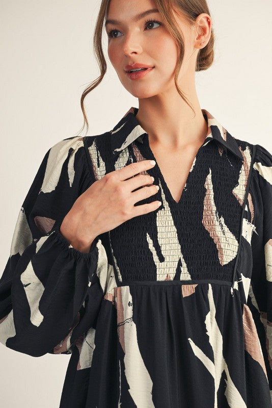 Black Chest Smocking Print Midi Dress