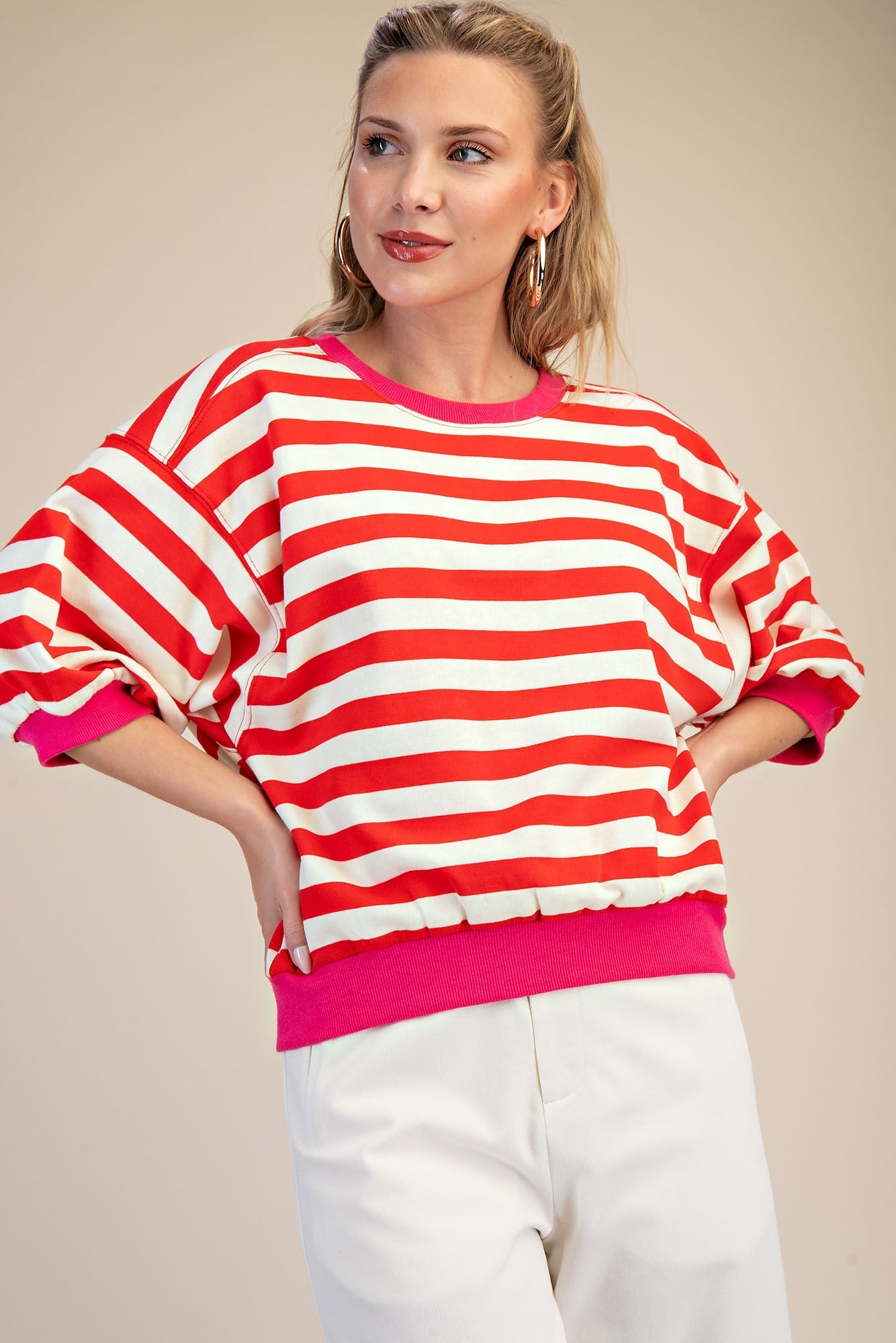 Stripe Bubble Sleeve Top-Red