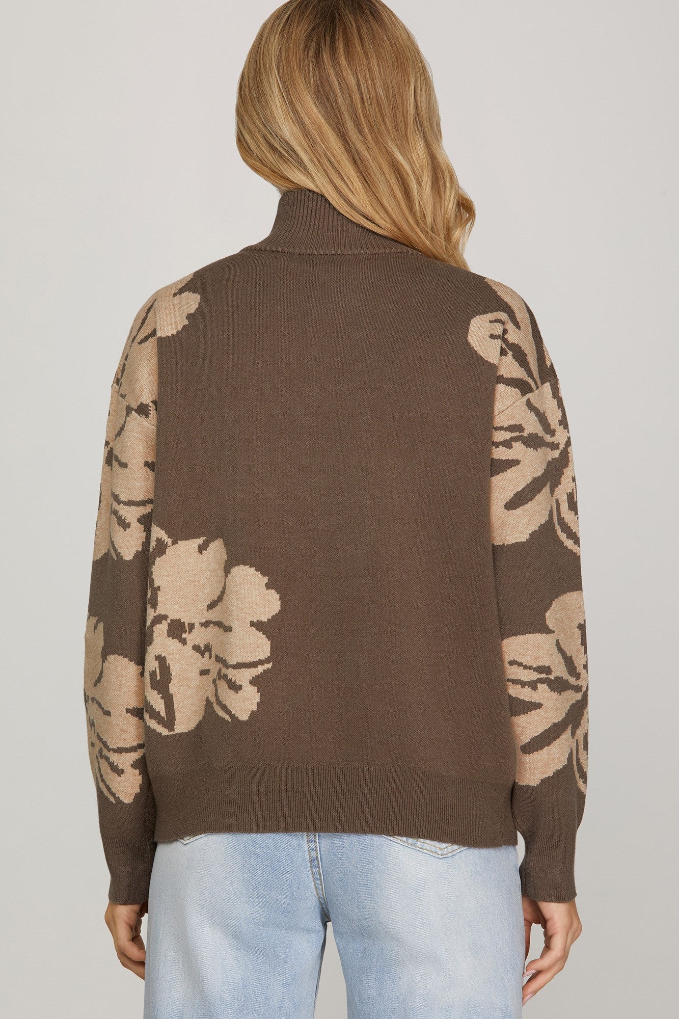 Half Zip Floral Sweater Top-Mocha