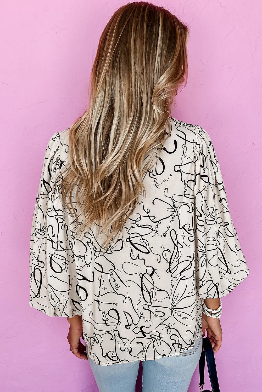 Abstract Print Balloon Sleeve Crew Neck Blouse