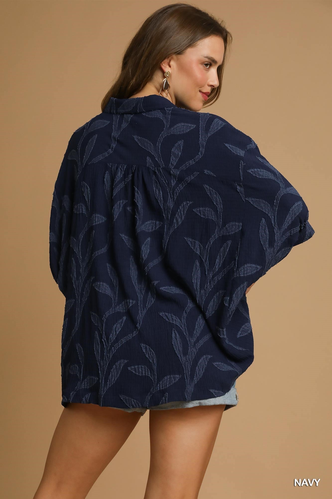 V neck Floral Detailed Top Navy