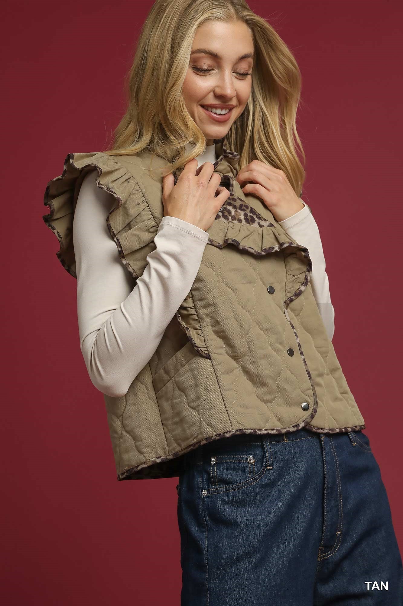 Quilted Ruffe Vest with Leopard Trim