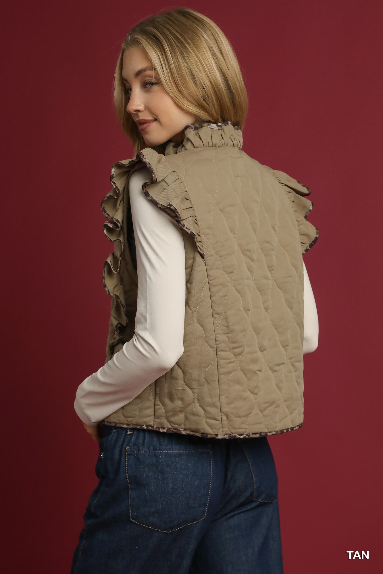 Quilted Ruffe Vest with Leopard Trim