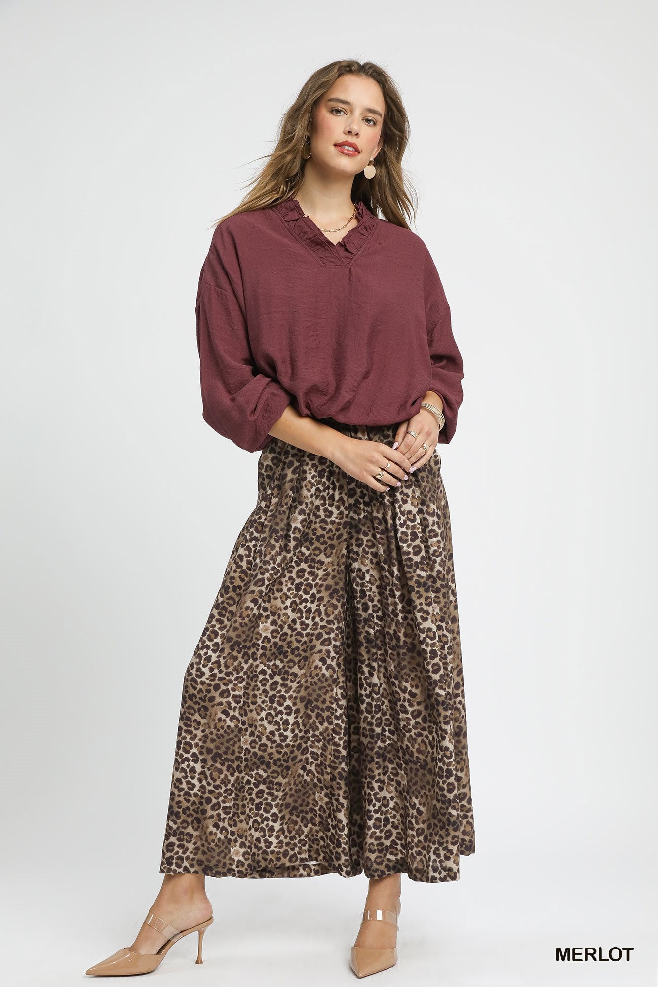 Merlot Ruffle V Neck Blouse
