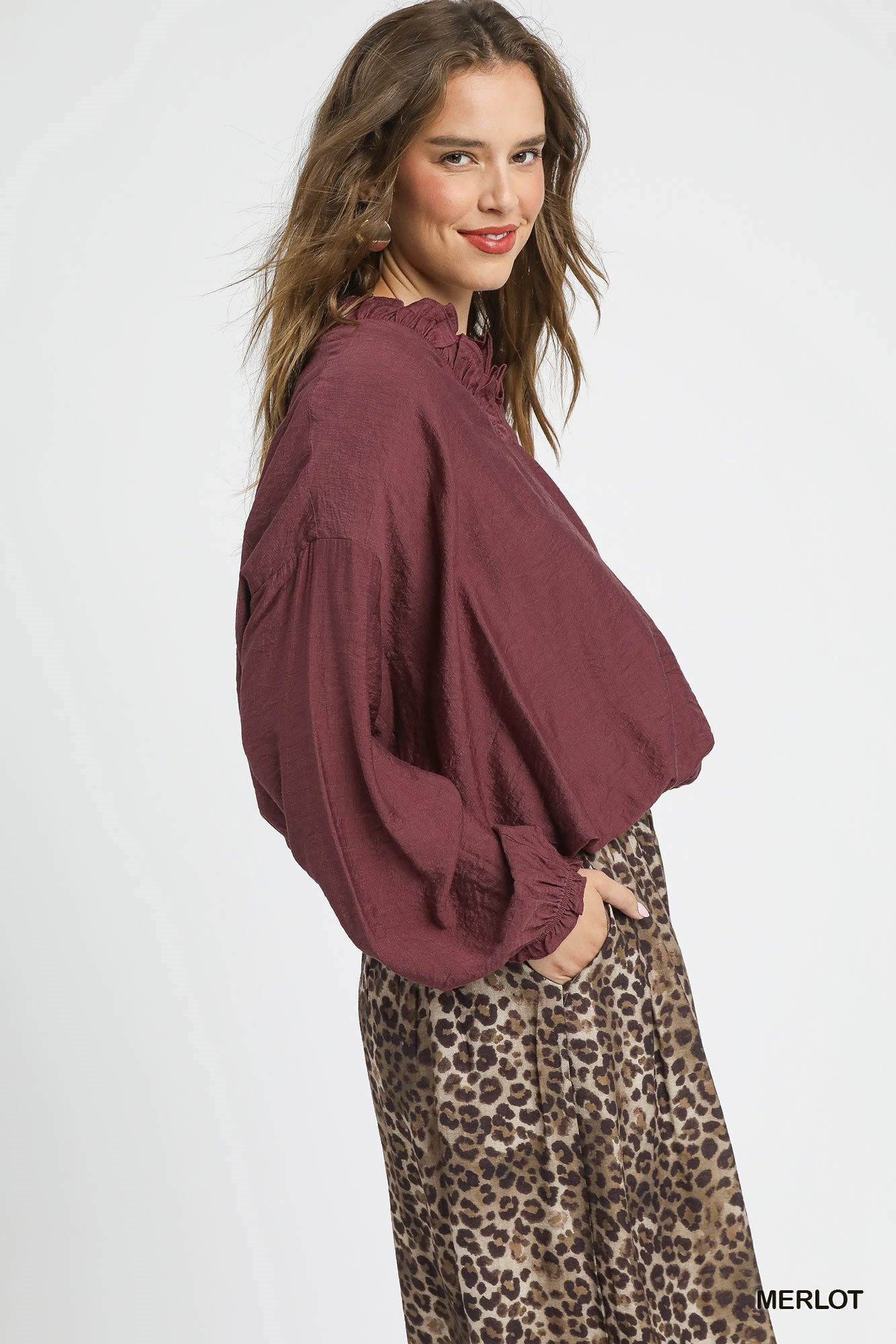 Merlot Ruffle V Neck Blouse