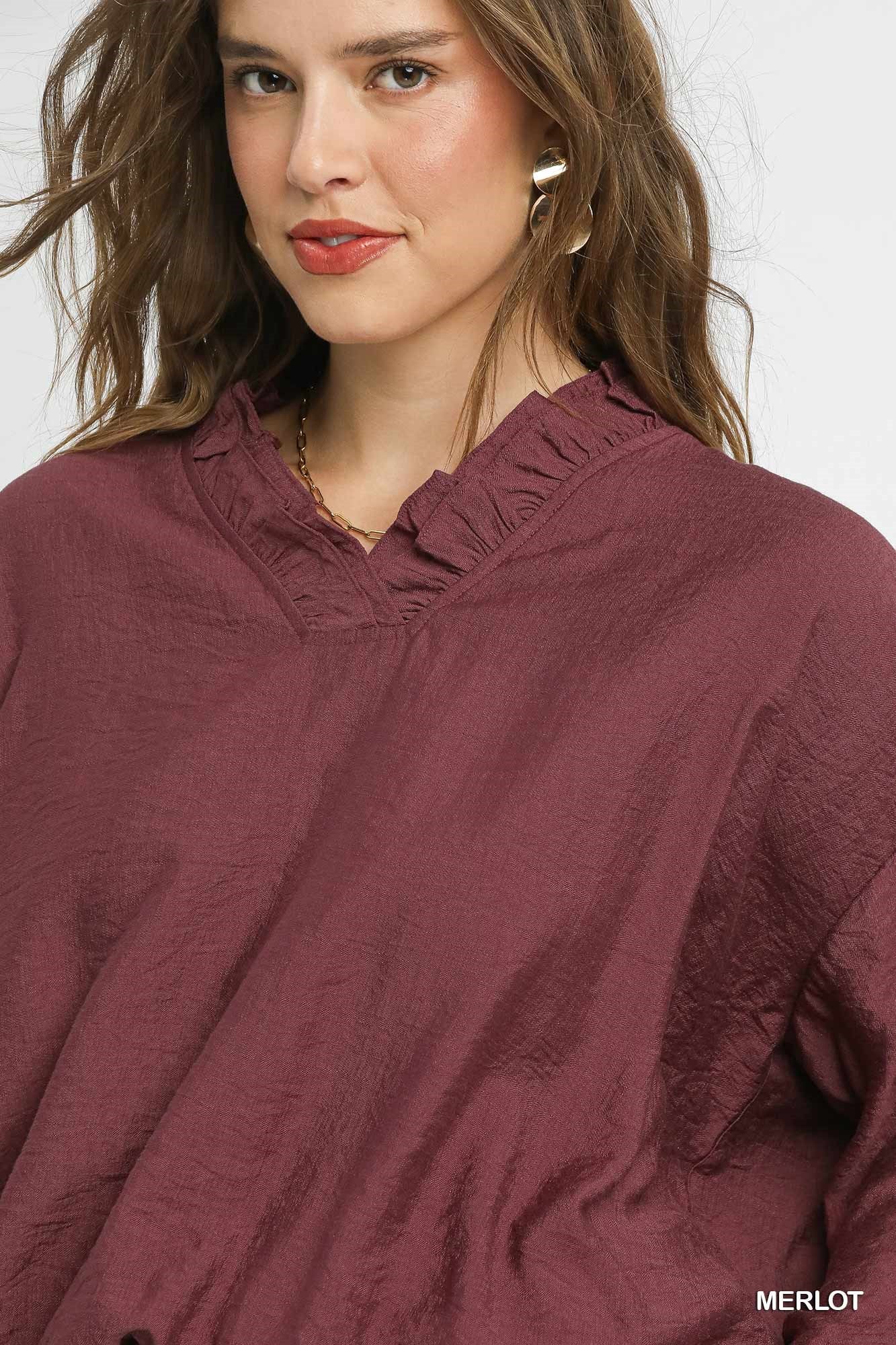 Merlot Ruffle V Neck Blouse