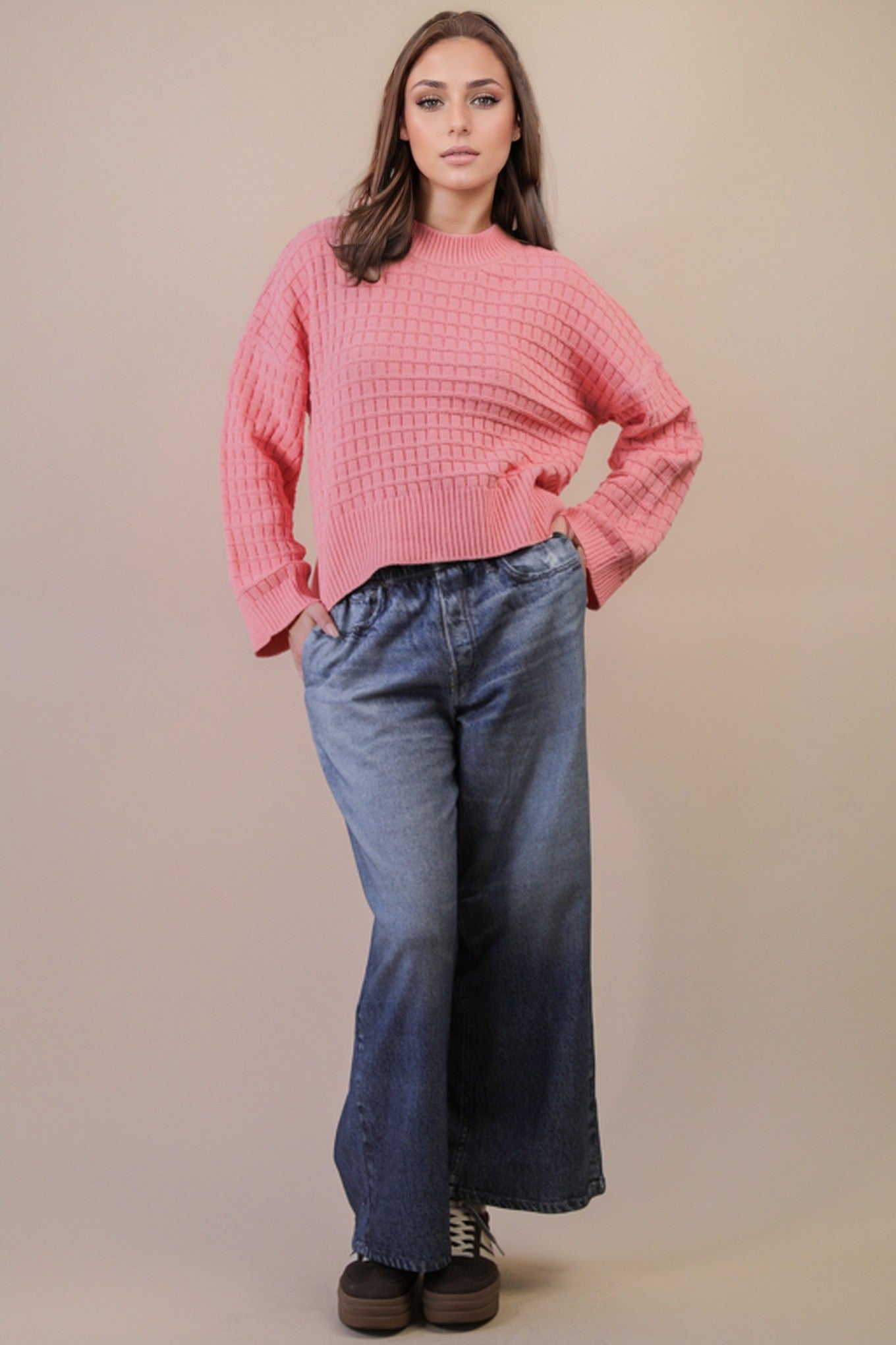 Oversized Textured Solid Casual Knit Sweater Top-Coral