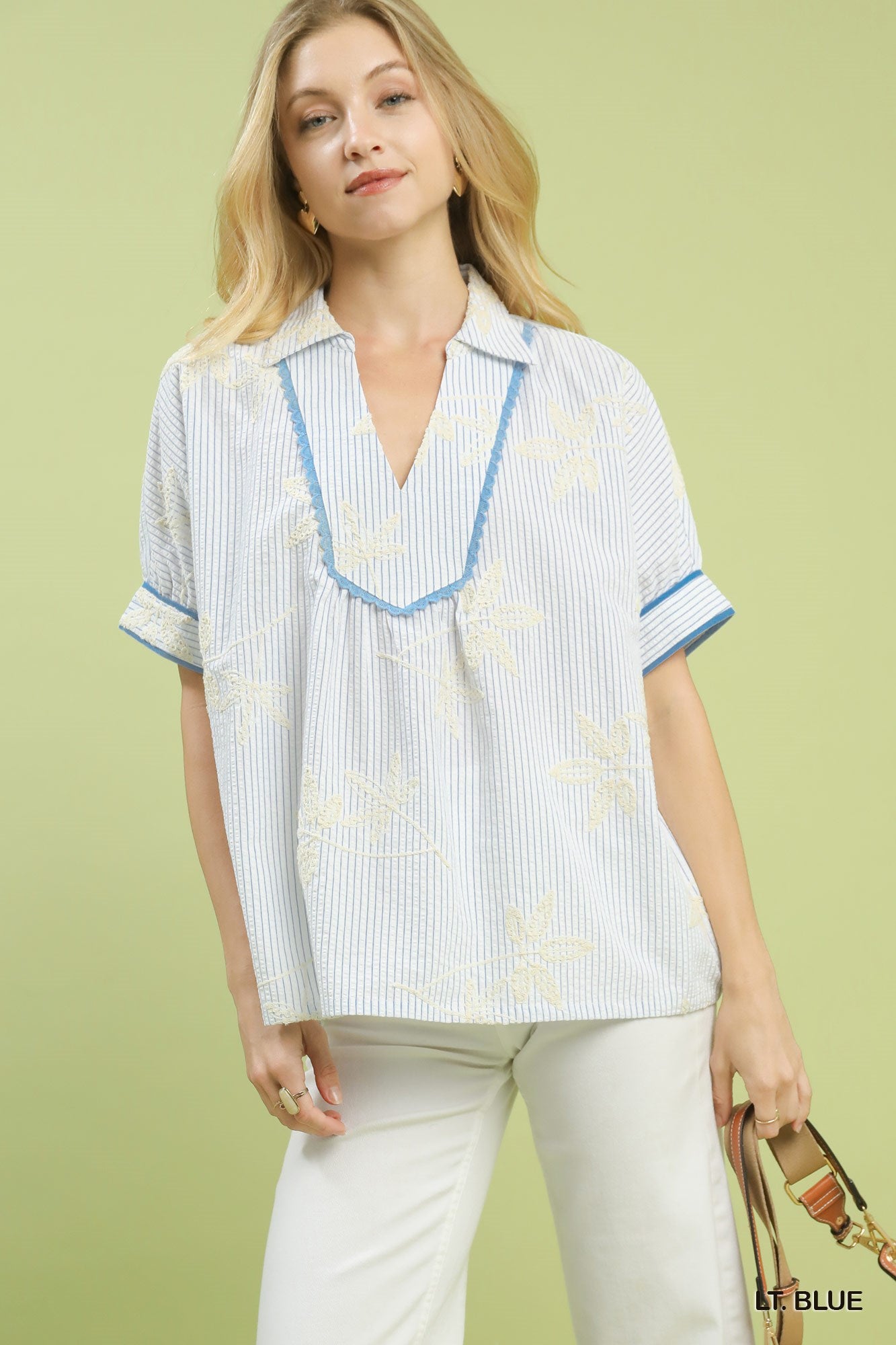 Striped Embroidered Blouse with Scallop Trim
