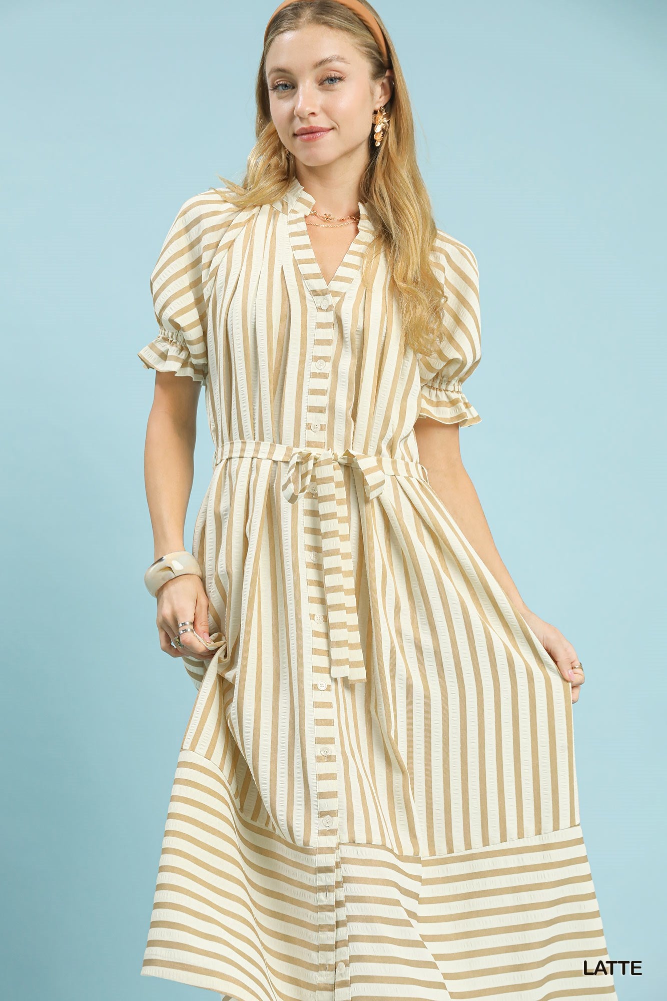 Striped Button Down Midi Dress with belt-Latte