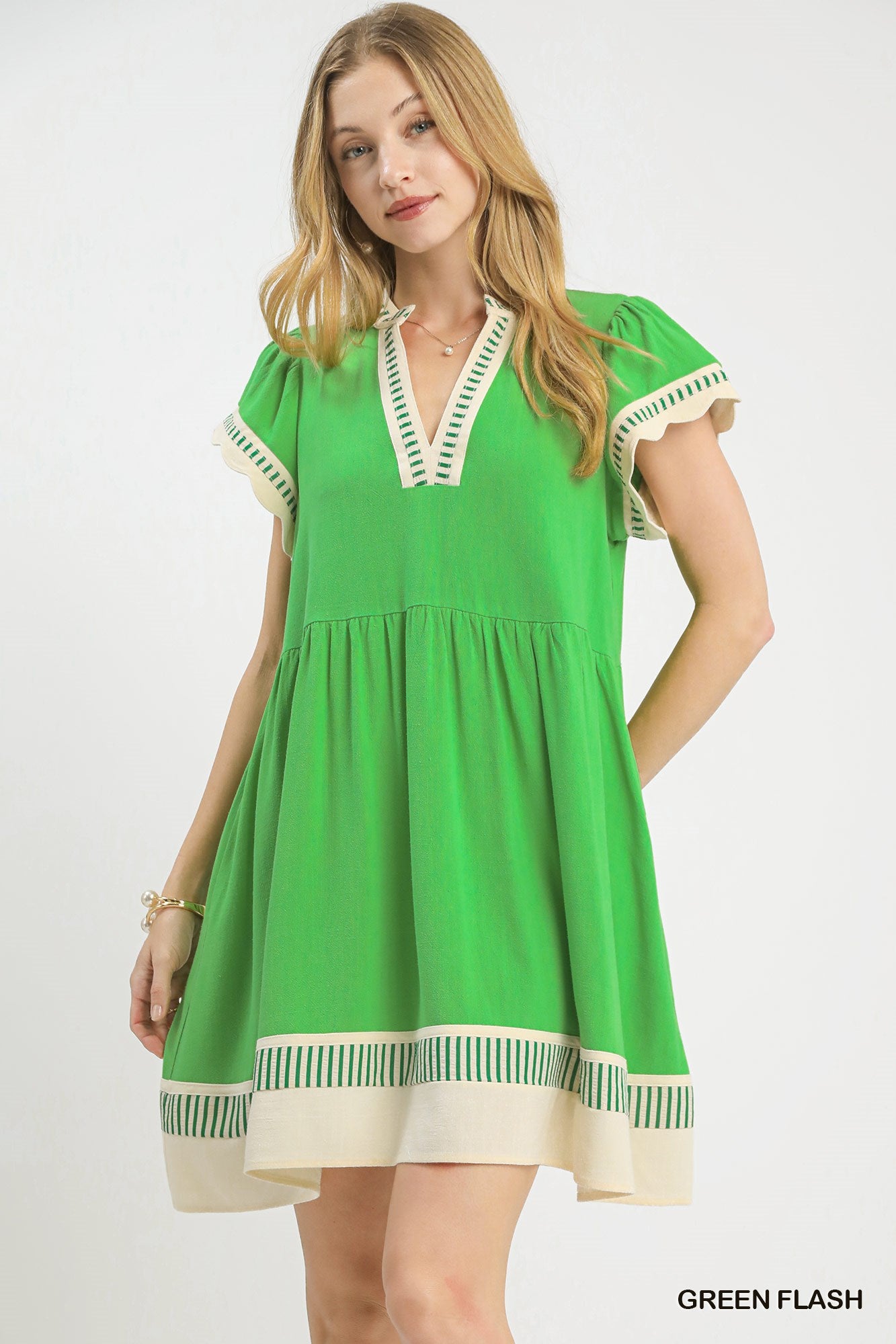 Color Block V Neck Tiered Mini Dress-Green