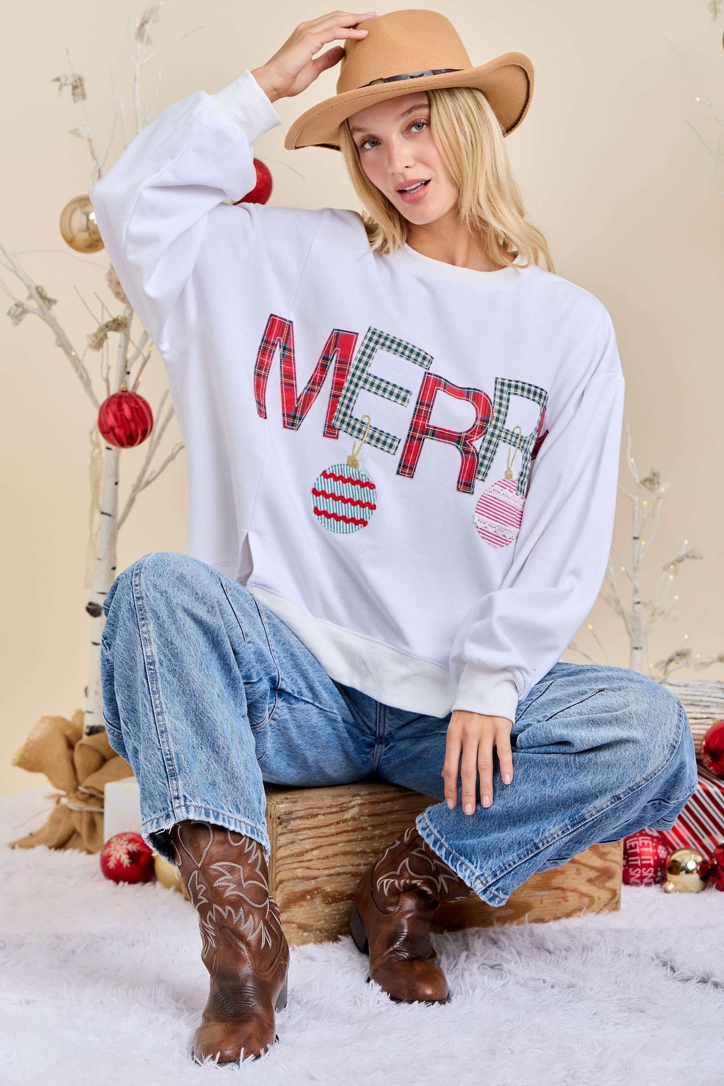 Merry Ornament Oversized Top-White