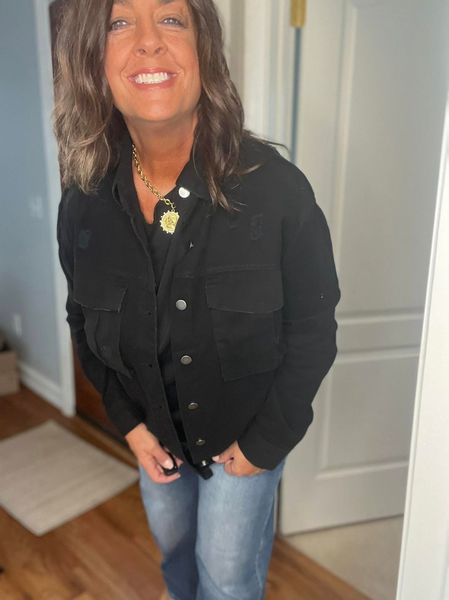 Black LS Distressed Button Down Jacket