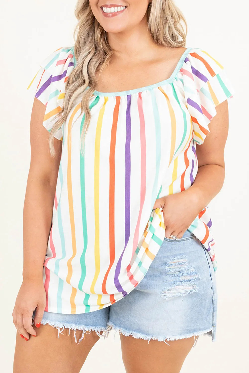 White Striped Ruffled Sleeve Plus Size Blouse