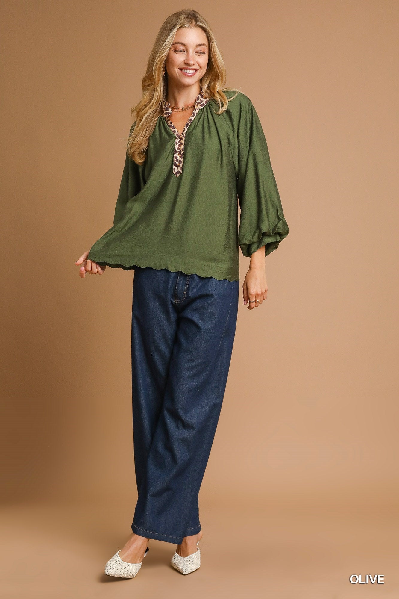Olive Balloon Sleeve Blouse