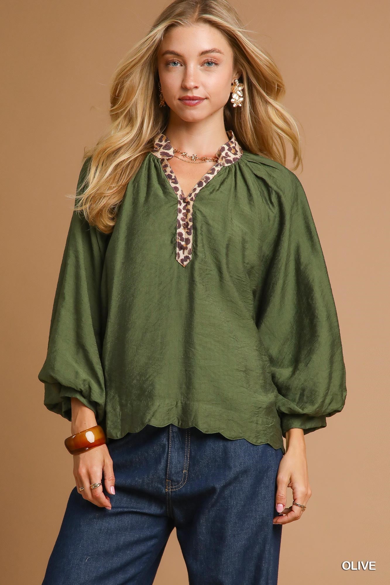 Olive Balloon Sleeve Blouse