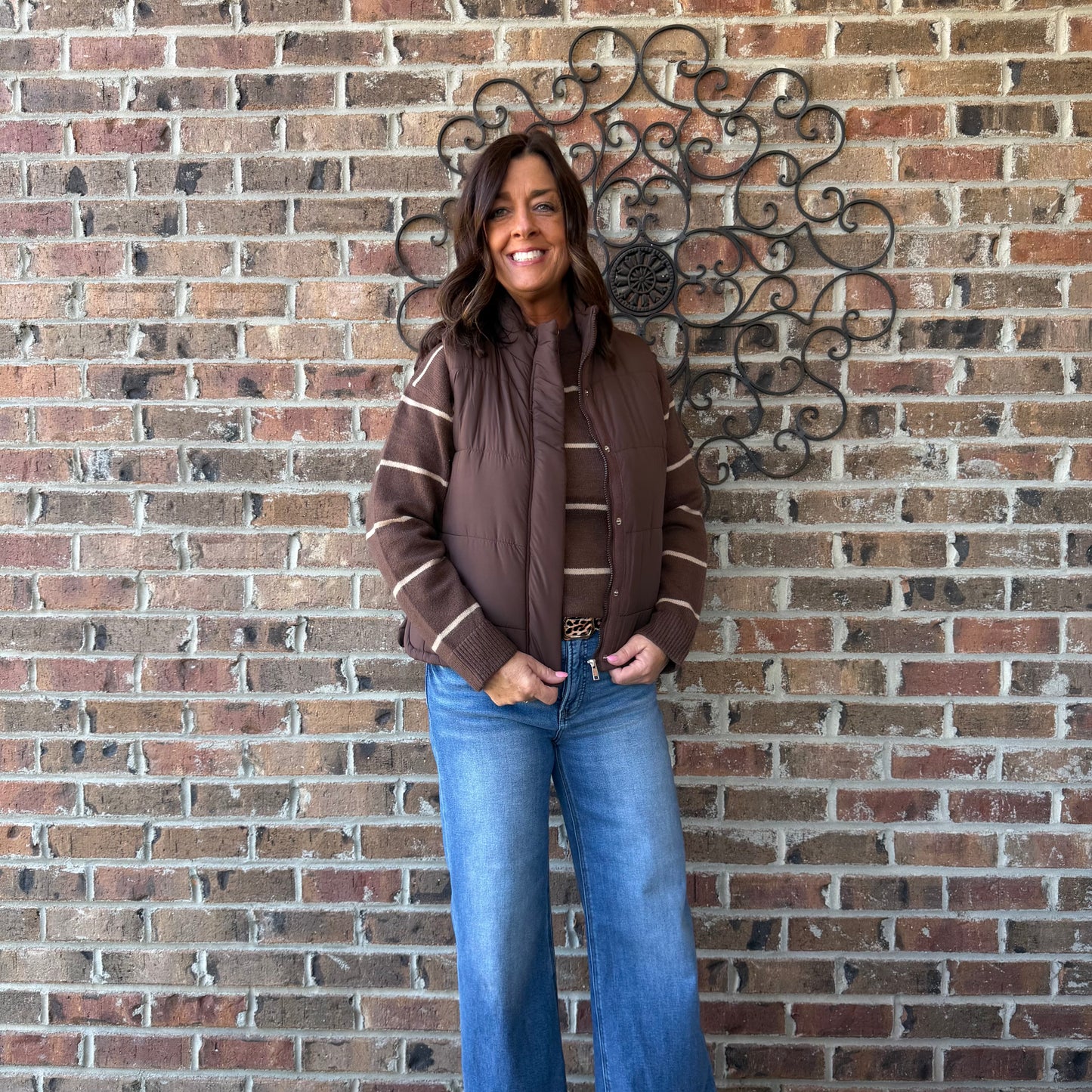 Round Neck Stripe Sweater-Brown/Beige