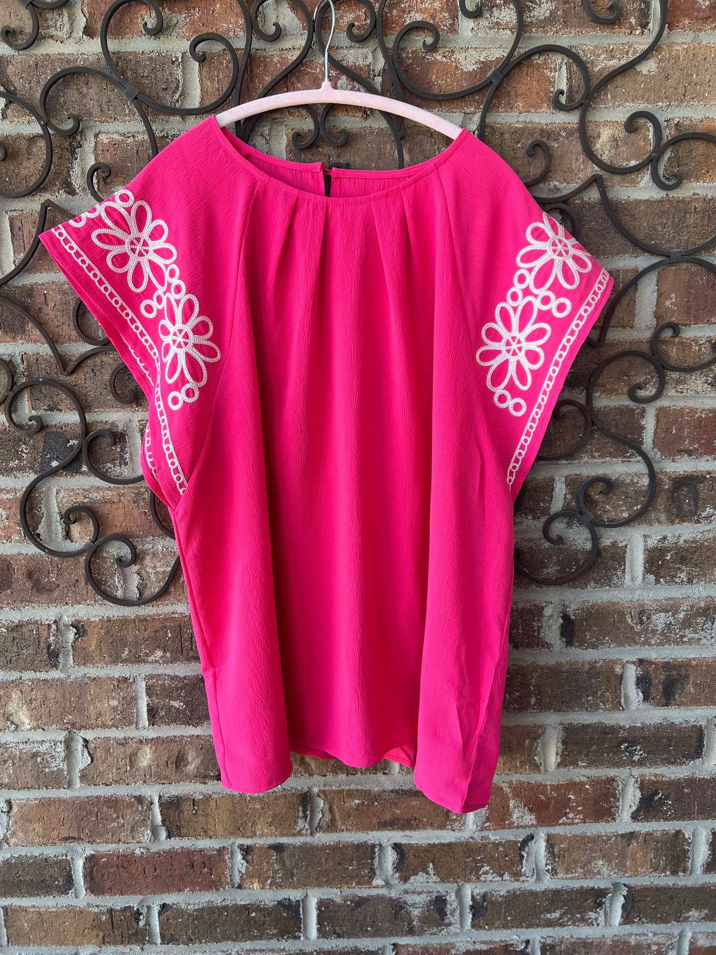 Strawberry Pink Floral Embroidered Flutter Sleeve Plus Blouse