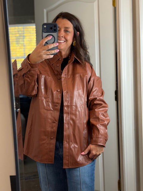 Leather Button Down Over Sized Top/shacket