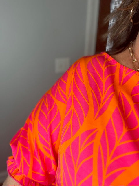 Rose Tropical Leaf Print Smocked Puff Sleeve Blouse