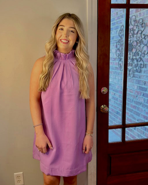 Stunning lavender mini dress, ruffle stand collar, swing dress, 97% polyester 3% spandex