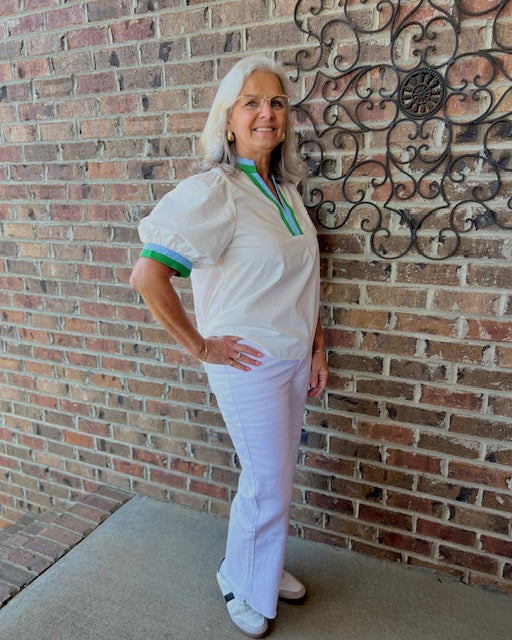 Short sleeve white solid bubble sleeve with a multicolor band finish, lightweight, 65% polyester 35% cotton