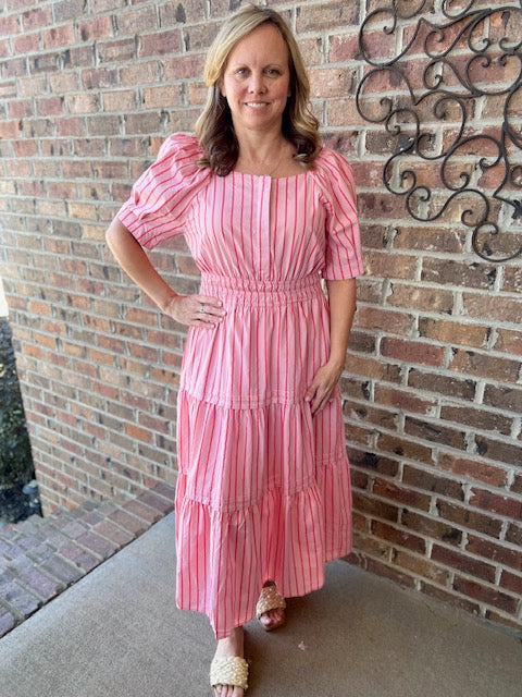 Puff sleeve square neck midi dress. Button front with waist elastic striped. This has pockets, lined and lightweight. 100% cotton