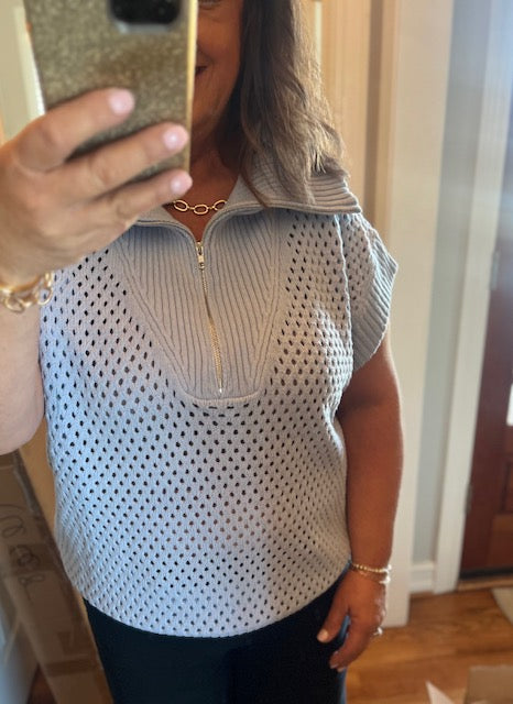 Plus Collared Drop Shoulder Half Zip Sweater Top-Light Blue