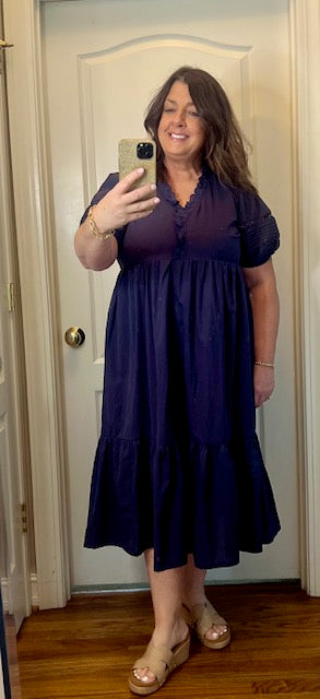 Navy Lace Trim Midi Dress