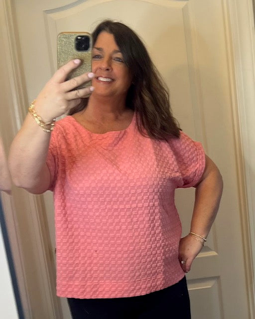 Back Button Textured Top-Coral Pink