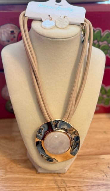 Gold Round Pendant on Rope Necklace with earrings
