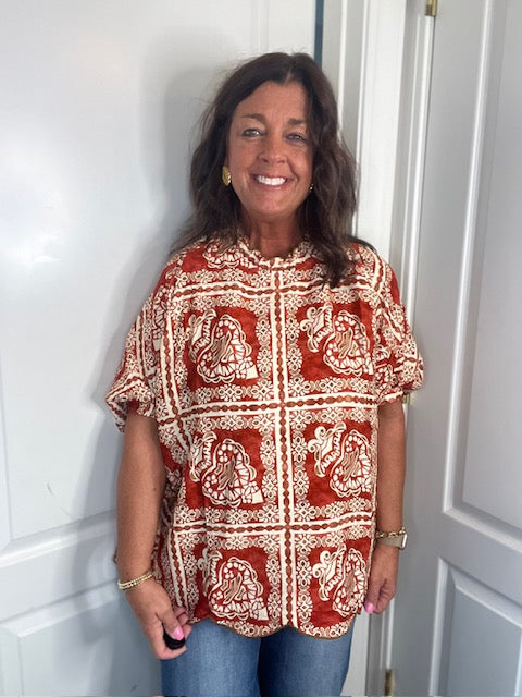 Brick Mix Printed Dolman Sleeve Blouse with a Scalloped Hem and Neck