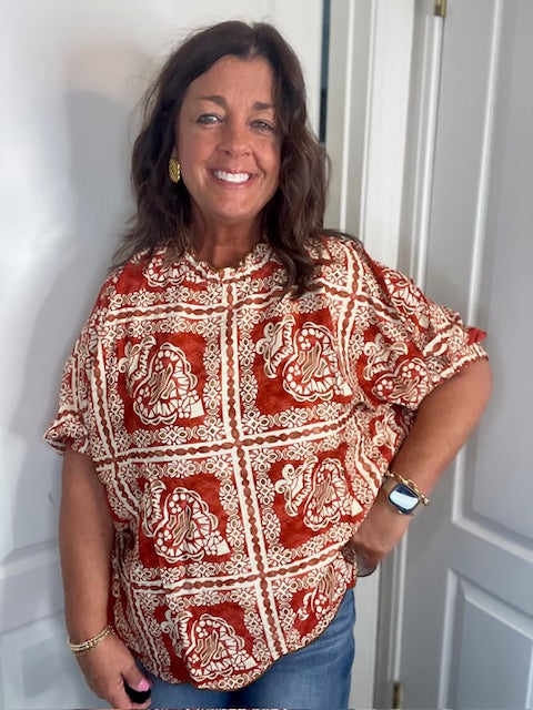 Brick Mix Printed Dolman Sleeve Blouse with a Scalloped Hem and Neck