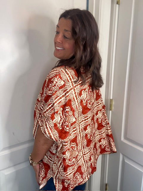 Brick Mix Printed Dolman Sleeve Blouse with a Scalloped Hem and Neck