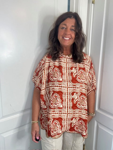 Brick Mix Printed Dolman Sleeve Blouse with a Scalloped Hem and Neck