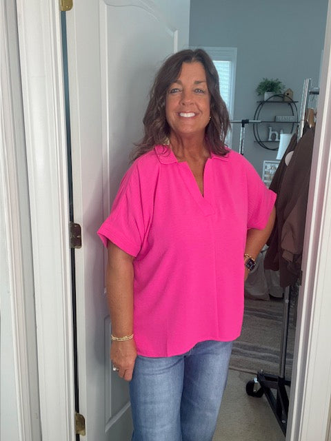 Collared Hot Pink V Neck Top