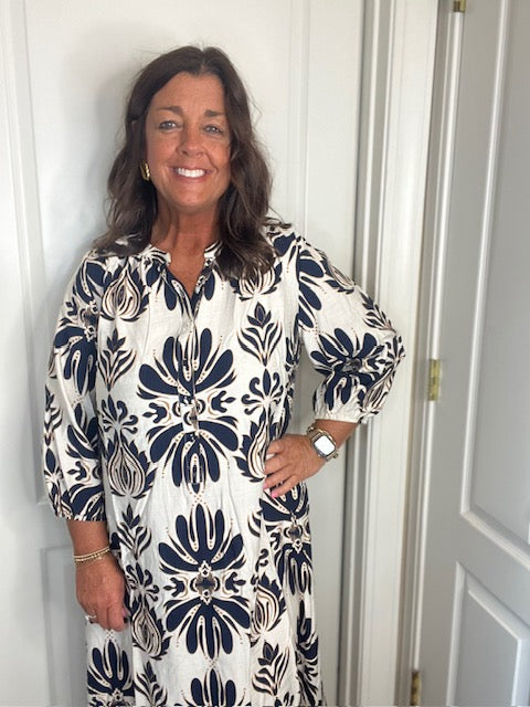 Mixed Abstract Floral Print Midi Dress