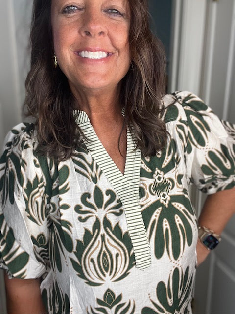 Olive Bubble Sleeve Printed Top